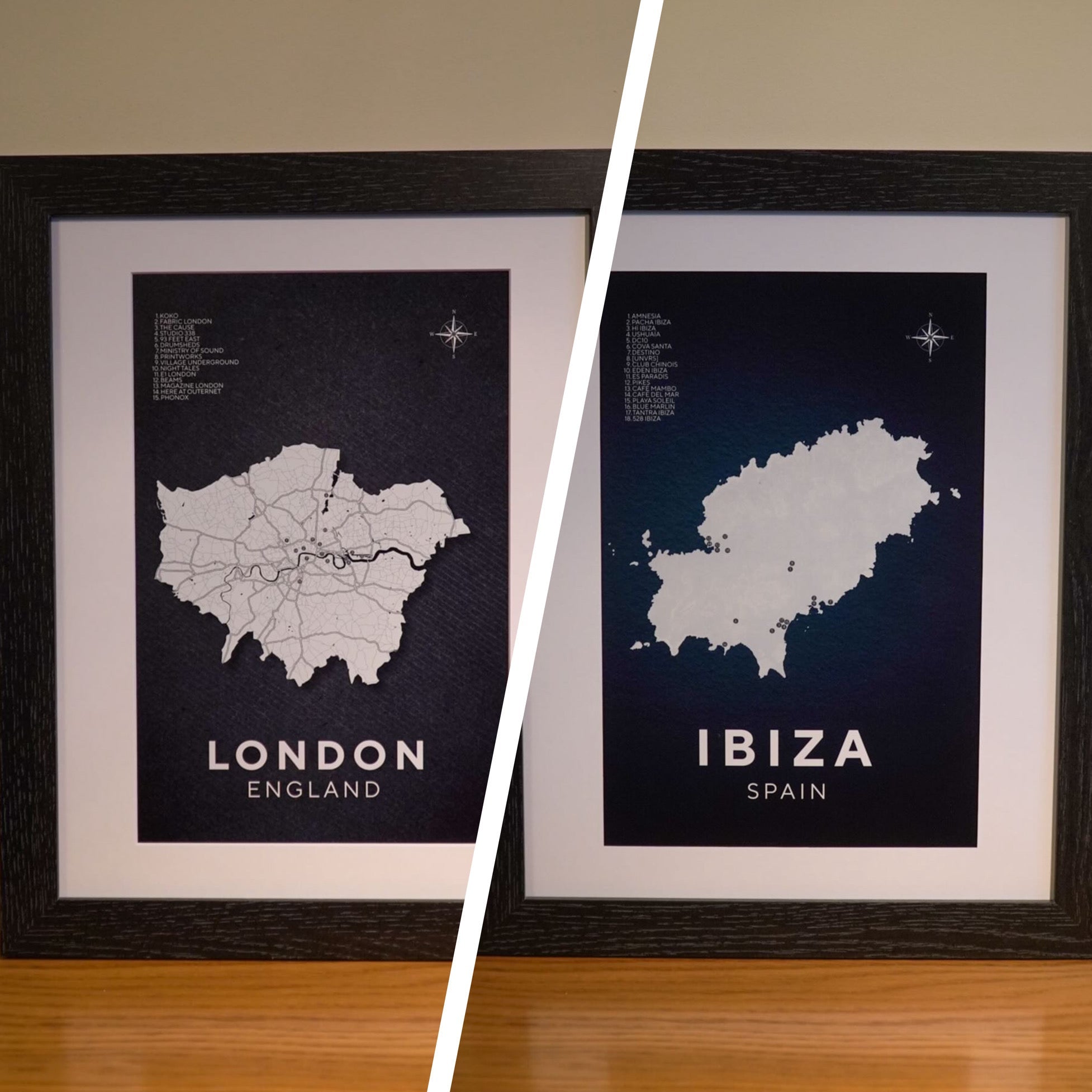 London and Ibiza Club Map Framed Print - Bundle