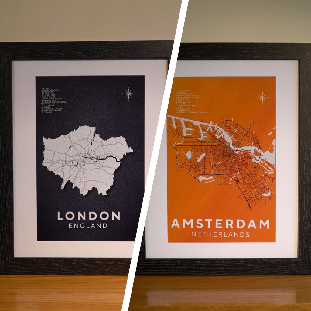 London and Amsterdam Club Map Framed Print - Bundle