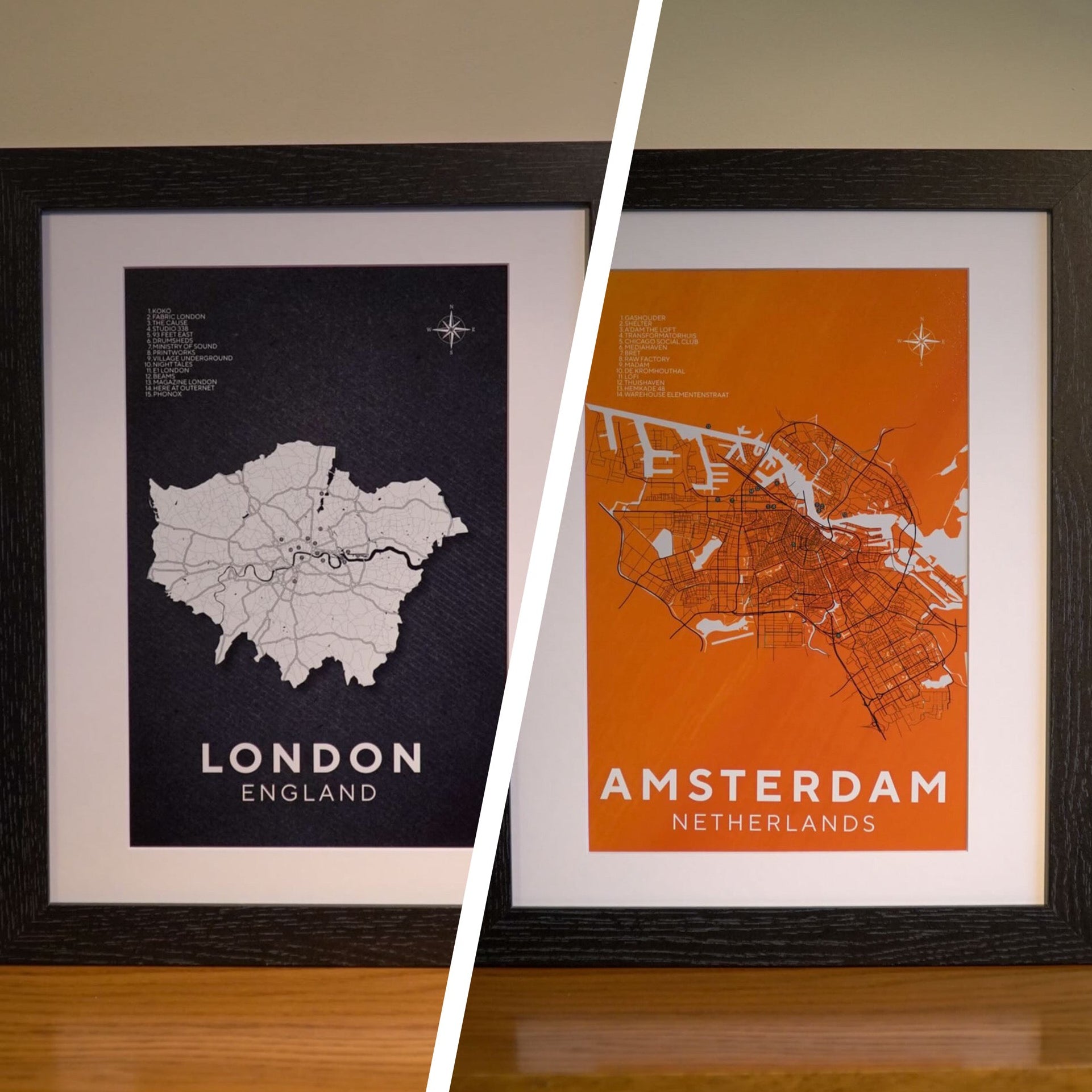 London and Amsterdam Club Map Framed Print - Bundle